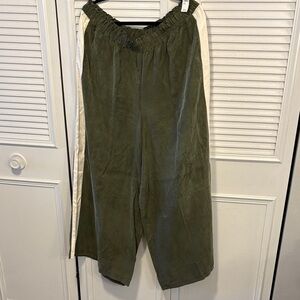 Women’s Olive Green Wide-Leg Silky Track Pants with Cream Side Stripe